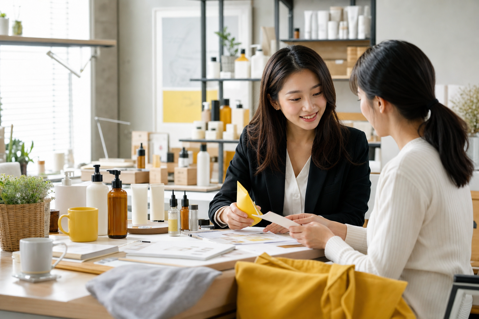 品牌團隊在工作室討論商品與社群行銷規劃